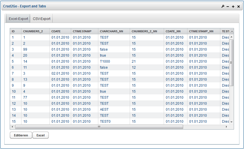 table with tabs and export functionality